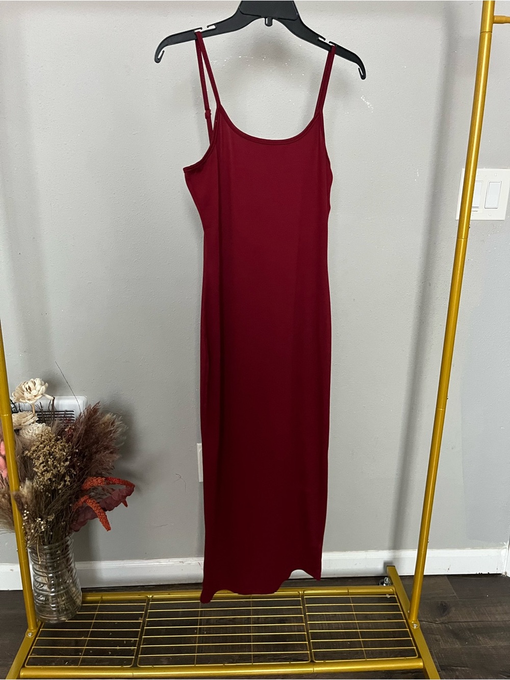 Burgundy Bodycon Midi Dress Sleeveless Stretch Minimal Slip Dress